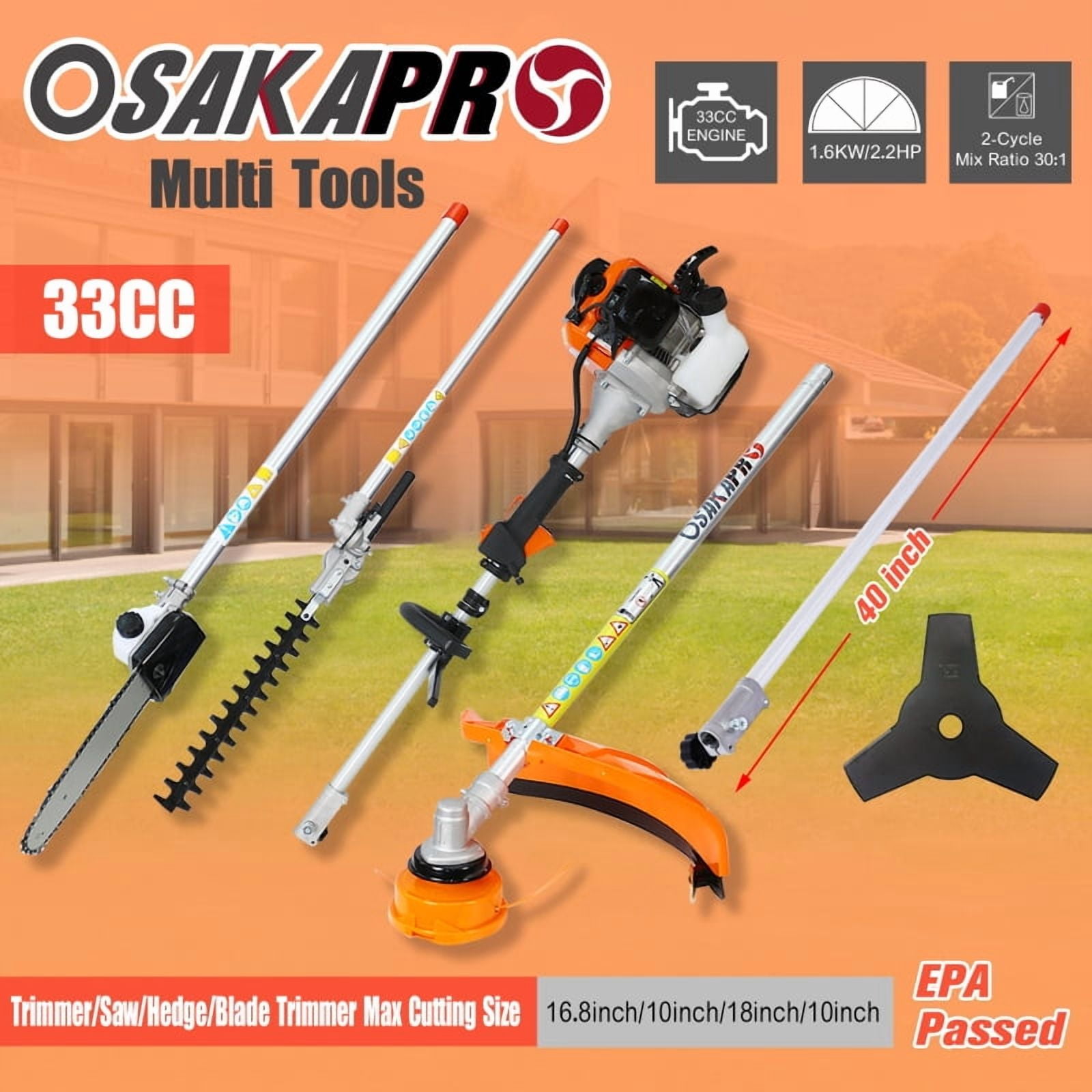 LuckyNote 33cc 10-in-1 Gas Powered Multi-Function Trimmer Kit with Pole Saw, Brush Cutter, Hedge Trimmer, Shoulder Harness & Safety Gear