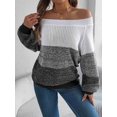 thumbnail image 3 of Women Crochet Knit Casual Color Block Off Shoulder Trendy Sweaters Pullover Lantern Sleeve Warm Tops Black L, 3 of 8