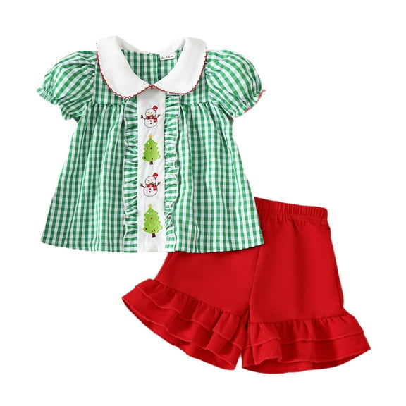 Ruiwill Girl Outfit Set Toddler Christmas Short Sleeve Cartoon Prints Plaid T Shirt Tops Ruffles Shorts Outfits Crew Neck Girl Clothes Green Size 6-12 Months