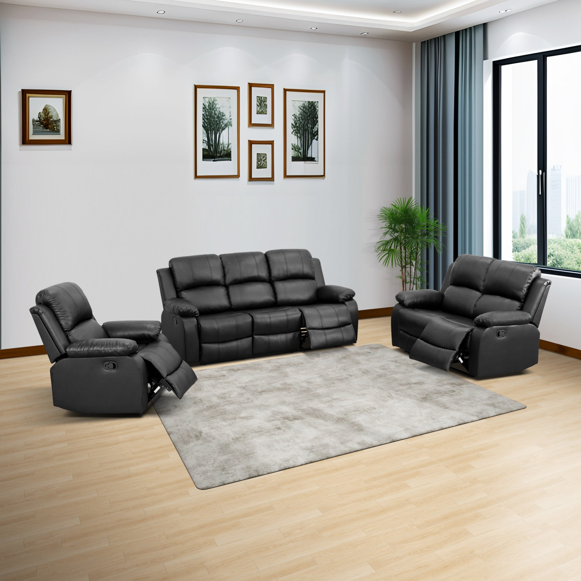 Gewnee Black 3-Piece Living Room Air Leather Recliner Sofa Set