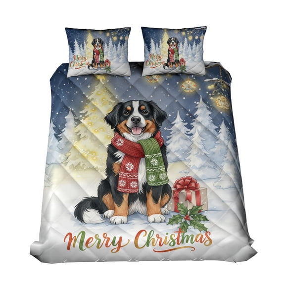 Merry Christmas Bernese Mountain Dog Snowy Winter with Gifts Tree Decorations Quilt Bedding Set Berner Lover Gifts 1 Blanket Bed Cover 2 Pillowcases - 12020