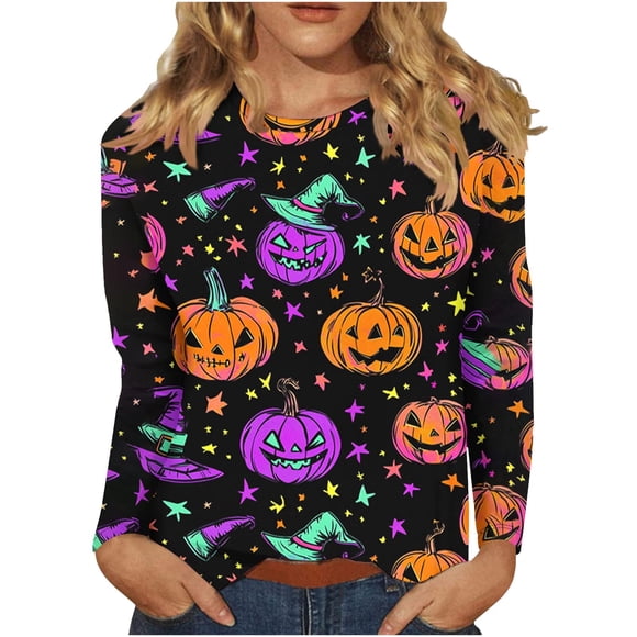 Halloween Tshirt Women, Halloween Shirt with Print, Long Sleeve Graphic Tee, Round Neck Casual Loose Fit Tops