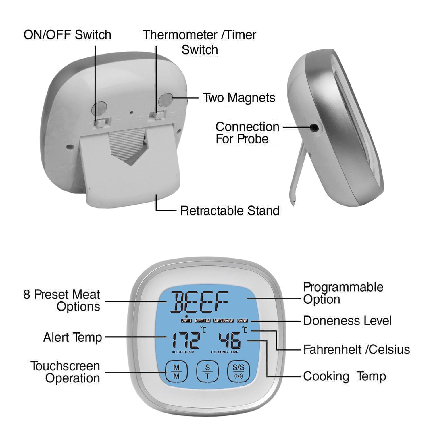 Digital Meat Thermometer, Food Thermometer for Oven Grill Kitchen, Thermometer for Cooking with 1 Stainless Steel Probe and Timer, Outdoor Kitchen Accessories