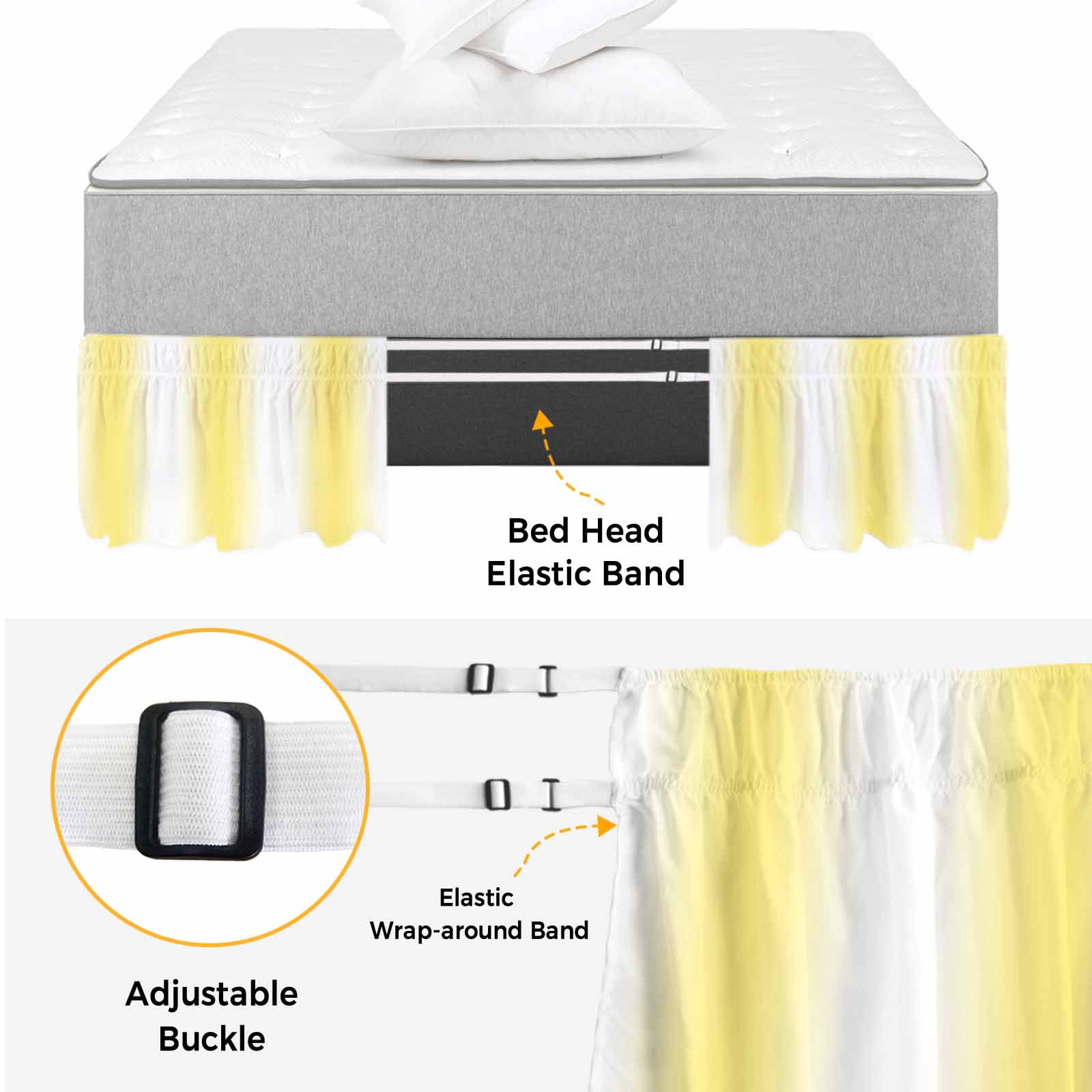 Lemon Yellow White Bed Skirt Queen Size, Gradient Vertical Stripes Geometric Wrap Around Bed Skirting with Adjustable Elastic Strap, Dust Ruffle Pleated Bedskirts 16 Inch Drop for Bedroom Queen Beds