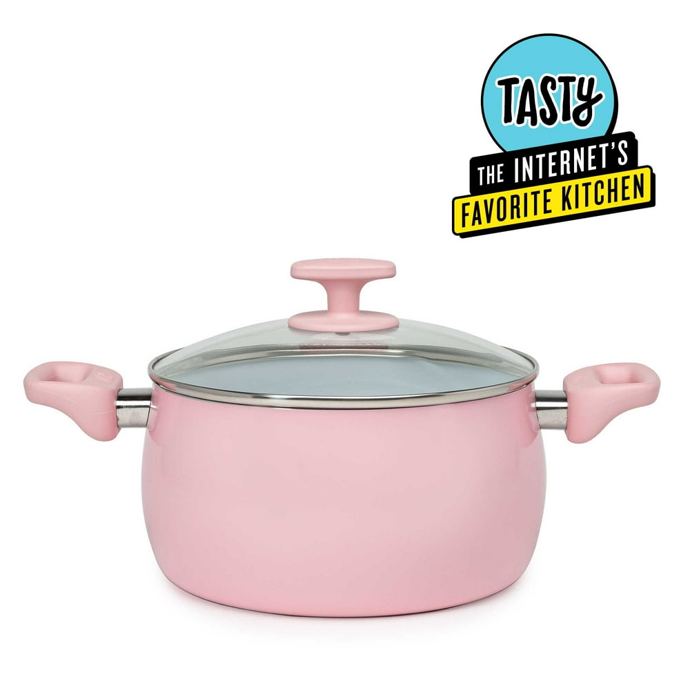 Tasty Ceramic Dutch Oven and Glass Lid, 5 Quart, Pink