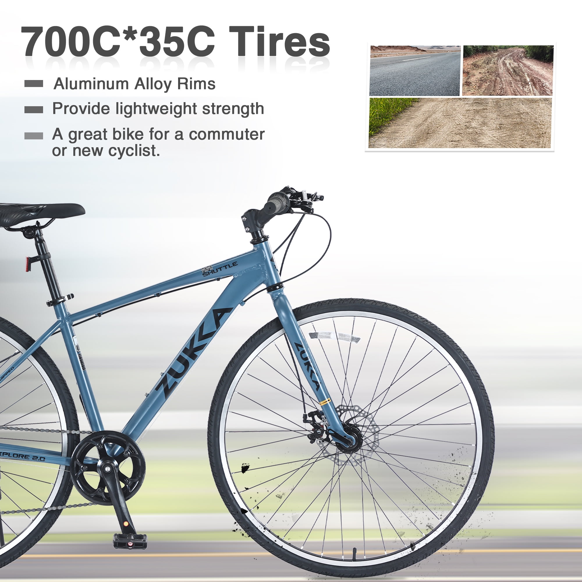 Zukka 700C Hybrid Bike Aluminum Alloy Frame Flat Handlebar 7 Speed