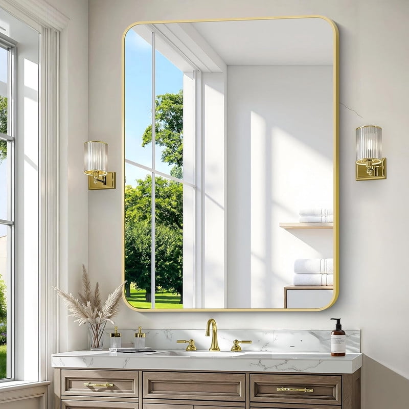 Clarvion 36"x48" Rounded Edge Rectangle Bathroom Mirror Wall Mounted Vanity Mirror,Gold
