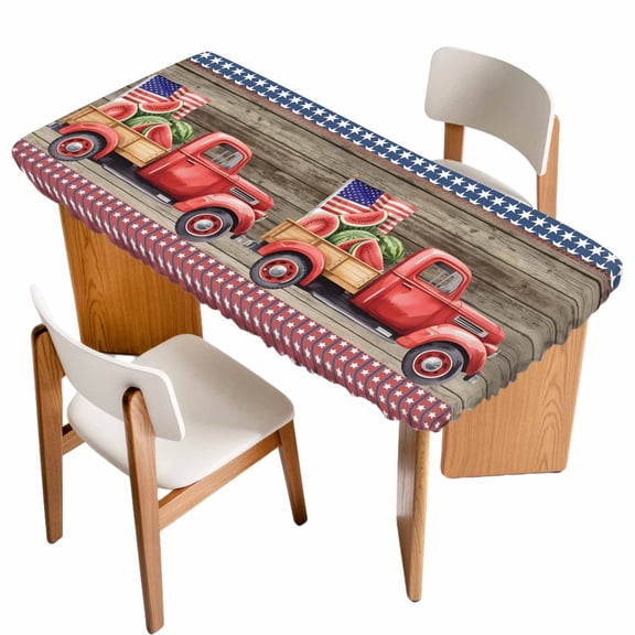 Independence Day Table Cloths for 6 Foot Rectangle Tables, Red Truck Watermelon Star Wooden Grain Patio Waterproof Elastic Fitted Tablecloths, Washable Rectangular Table Cover for Camping
