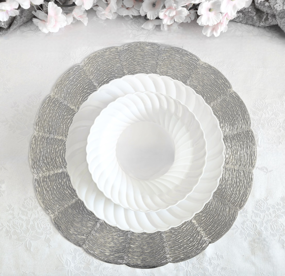 " OCCASIONS " 20 Pieces Pack / Centerpiece Placemats Washable Easy to Clean PVC Heat-resistand Woven Vinyl Table Mats (Bloom Shiny Silver)