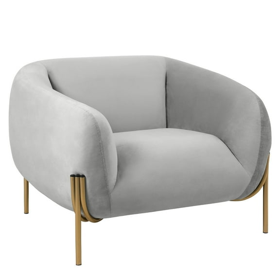 LeisureMod Single-Seater Sofa Upholstered in Velvet Accent Chair with Powder-Coated Gold Iron Legs Padded Seat and Back for Living Room, Bedroom, Office Zuno Collection in Light Grey