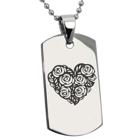 Stainless Steel Rose Petal Heart Engraved Dog Tag Pendant Necklace