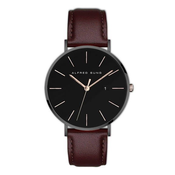 Alfred Sung Men's Metropolitan Black Date Rose Gold Accents Leather Watch