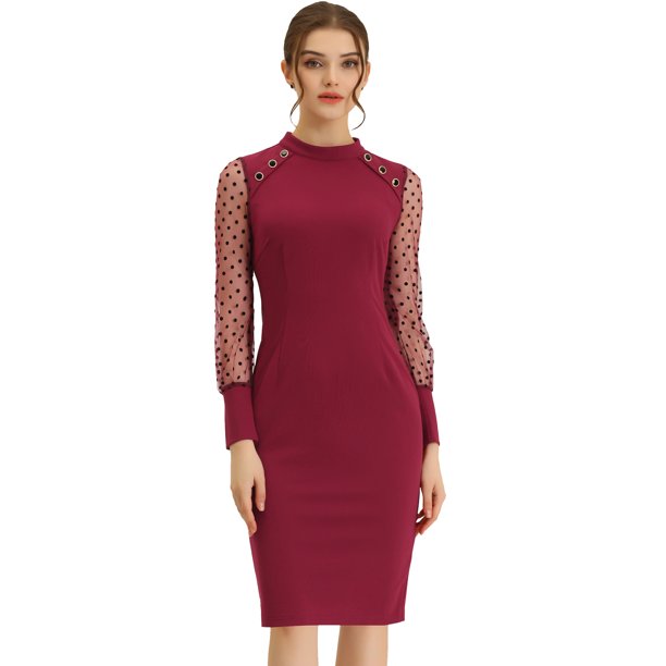 Vestido midi elegante de manga larga con botones de malla y puntos de malla para mujer Borgoña XS