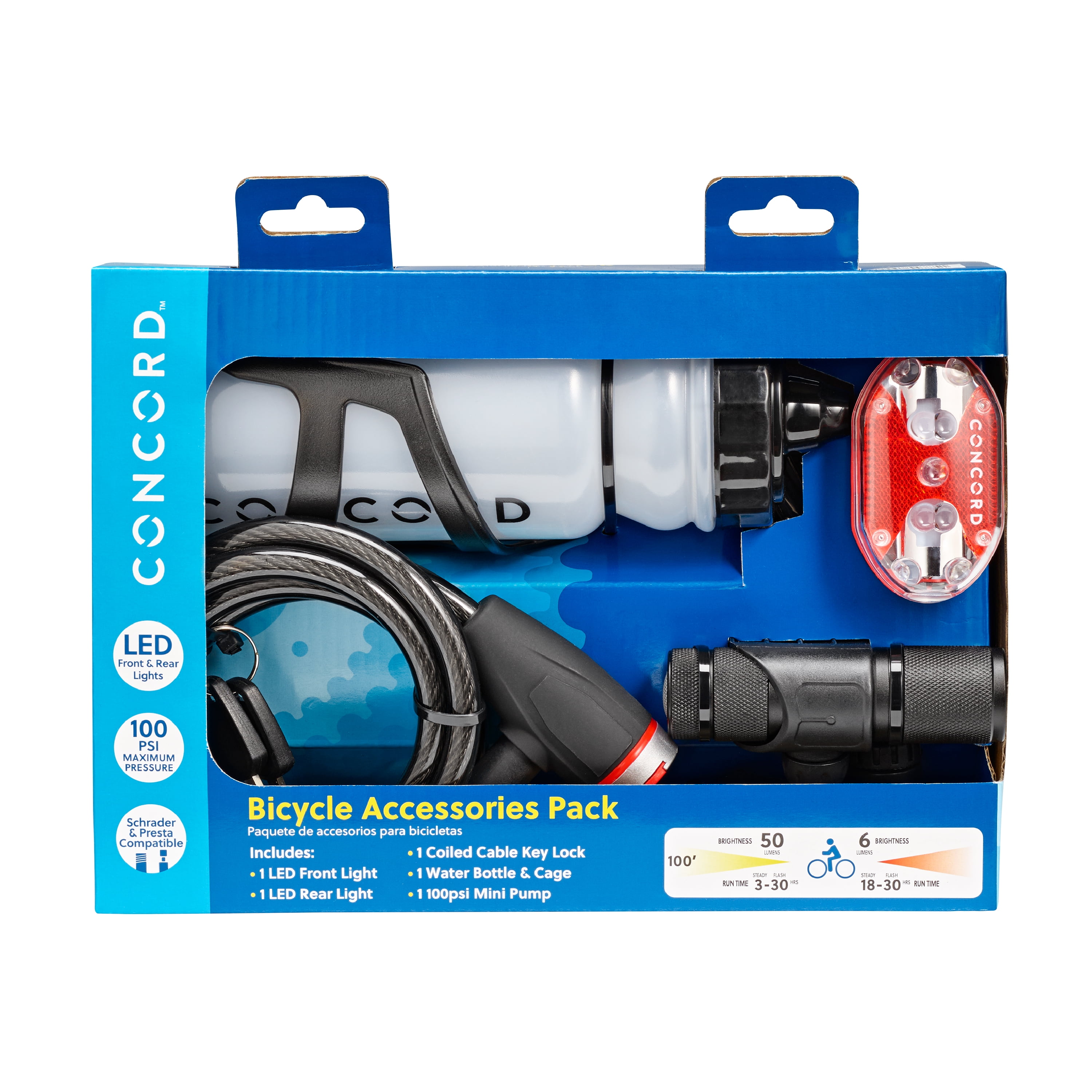 Concord Bike Accessories Essential Pack (Mini Pump, Lock, LED Light Set, Bottle, Cage), 6 Count