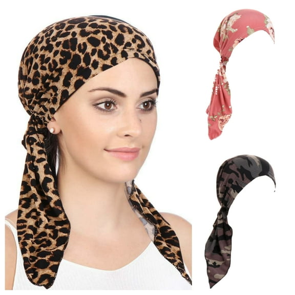 Airvexalon 3 Packs Women's Pre Tied Head Scarves Slip On Chemo Beanies Hair Cover Headwrap Caps