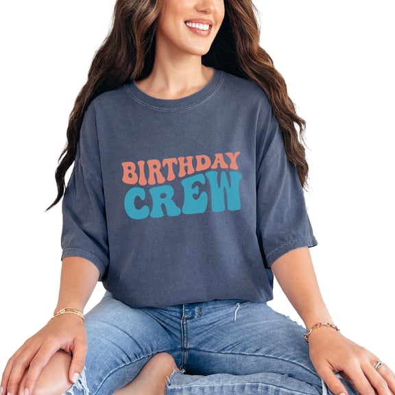 Birthday Crew, Party Themed, Groovy Retro Wavy Text, Denim Comfort Colors T-Shirt, Small