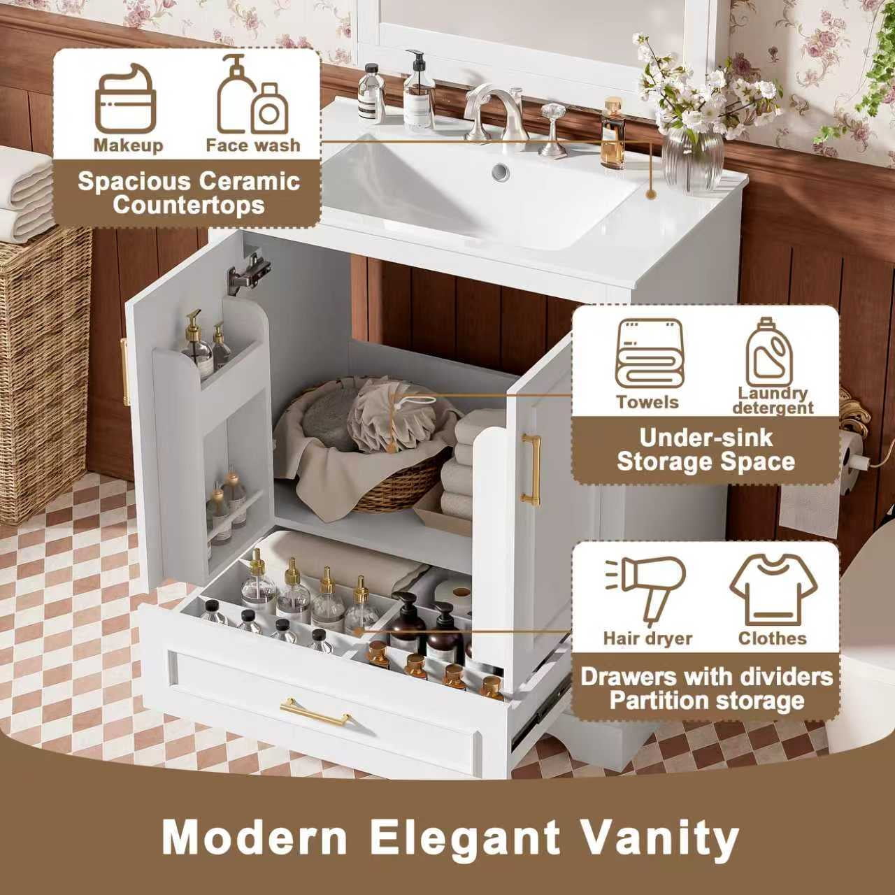 MODERNLUXE 30" Bathroom Vanity with Sink,Modern Bathroom Storage Cabinet with Divider Drawer and 2 Soft-close Doors with Door Organizer,Easy Assembly,White
