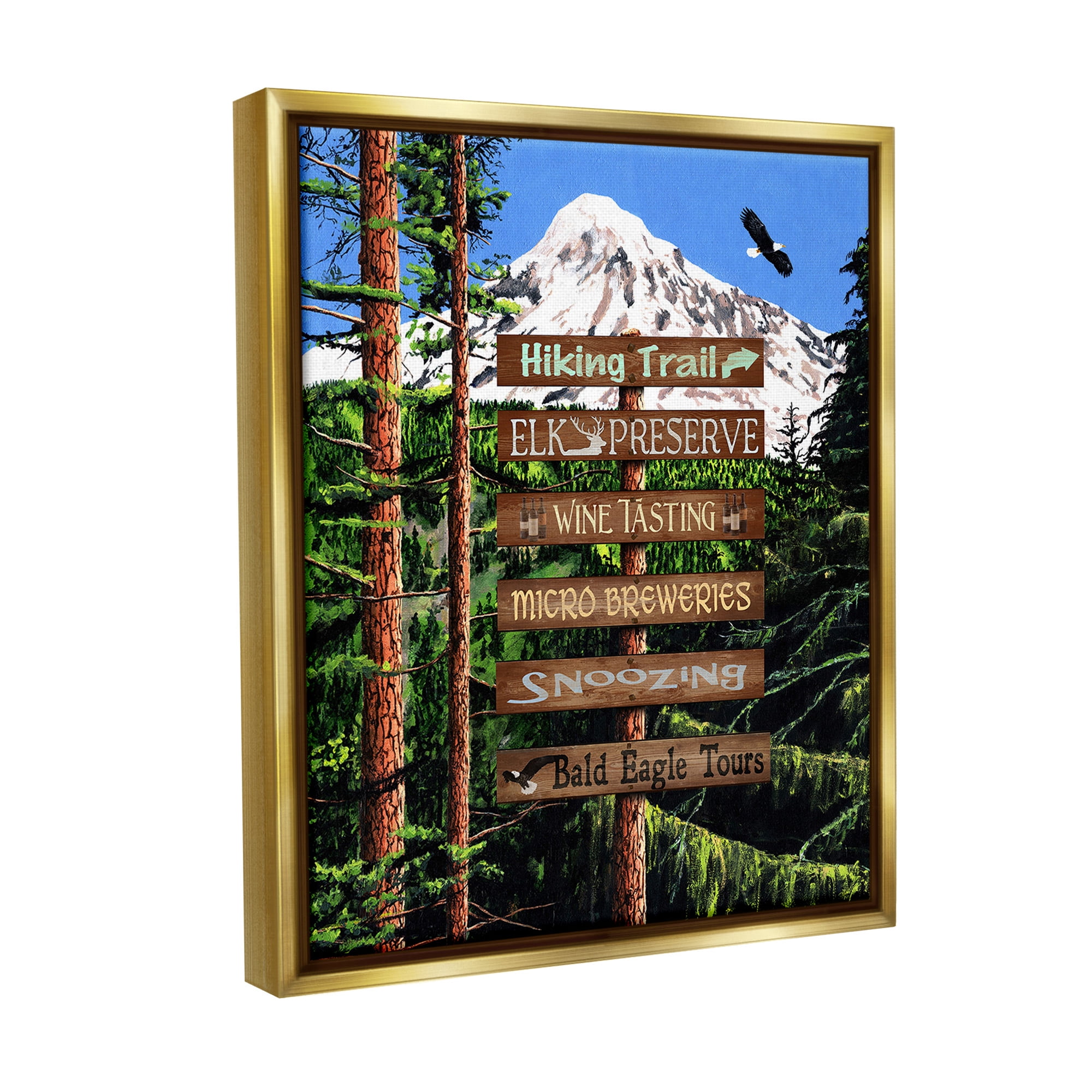 Stupell Industries Woodland Activities Sign Landscape Painting Gold Floater Framed Canvas Art Print Wall Art, 25 x 31