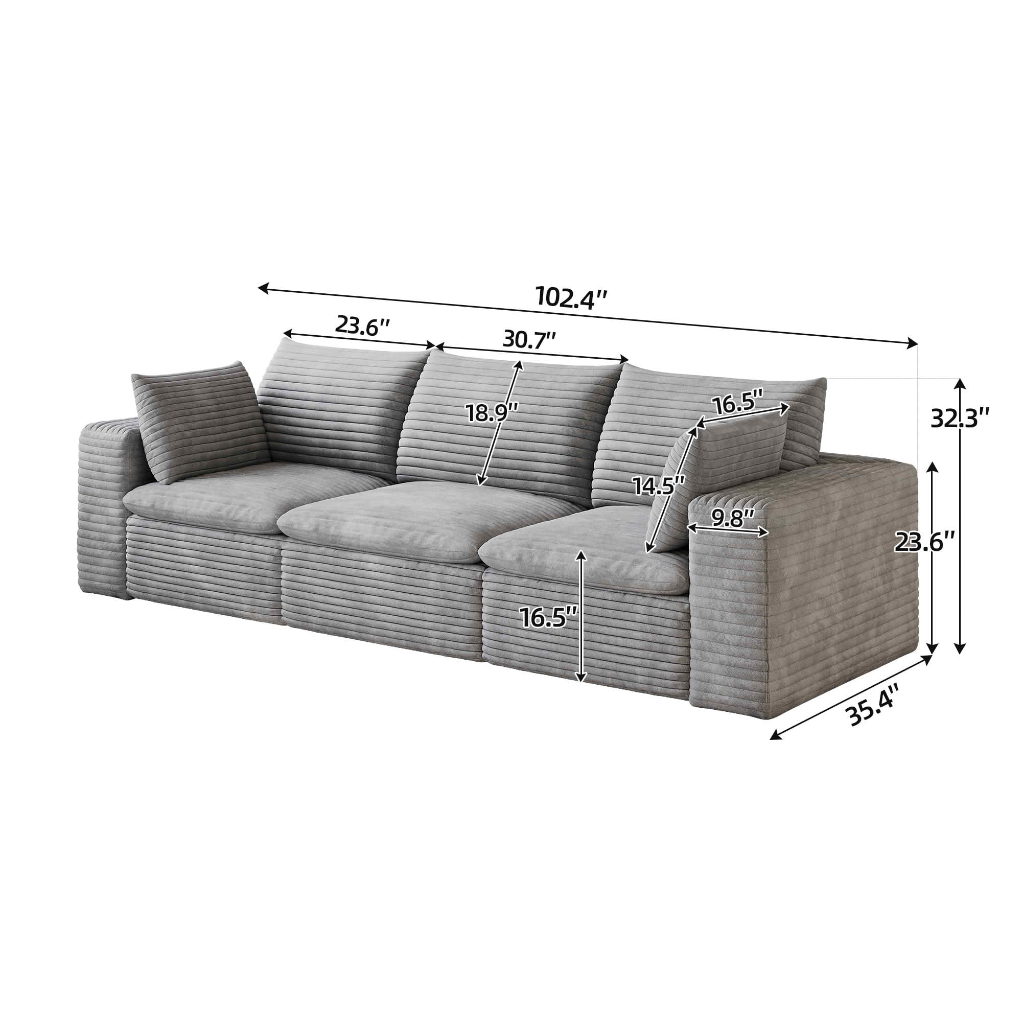 MAYEERTY 102.4 Inch Cloud Modular Sofa, Corduroy Deep‑Seat Couch with Double‑Layer Removable Cushions, No‑Assembly DIY Combination Sponge Sofa for Living Room Bedroom Conference Room Apartment