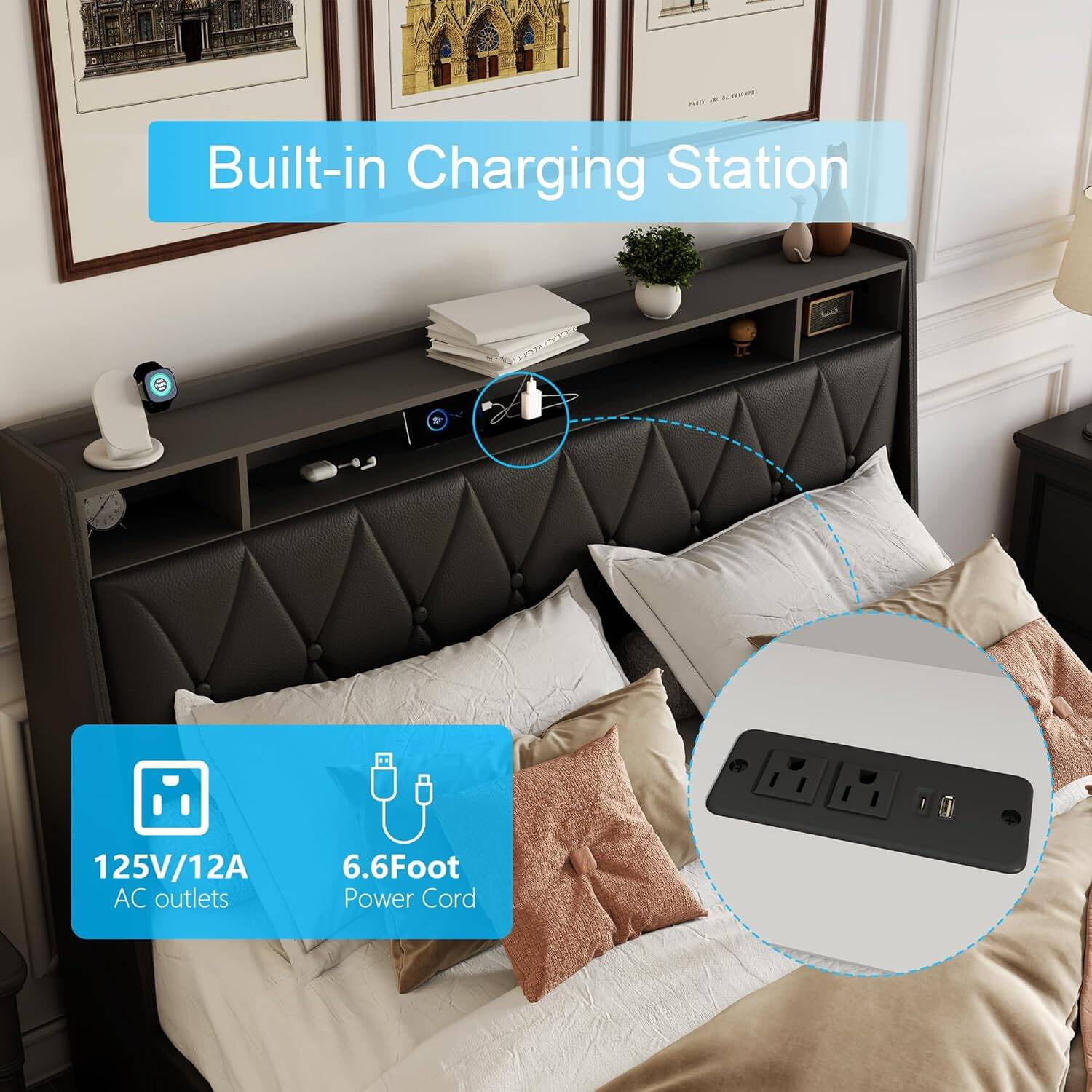 Nathaniel Home Full Platform Bed Frame Full Size Ergonomic Headboard Storage Shelf Outlets and Charger