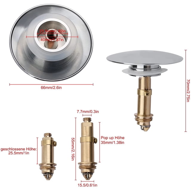 Tapón de resorte emergente para fregadero de cocina, baño, lavabo, bañera - Latón cromado macizo, 66 mm ZefeiWu 8390611254612