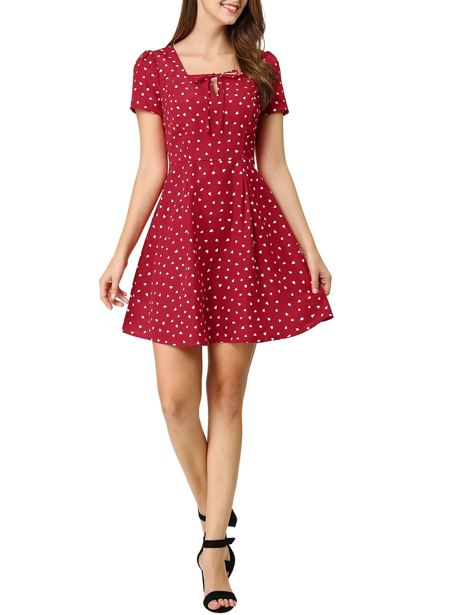DARING DIVA Square Neck Short Sleeve Print A-Line Dress XS Red-Heart