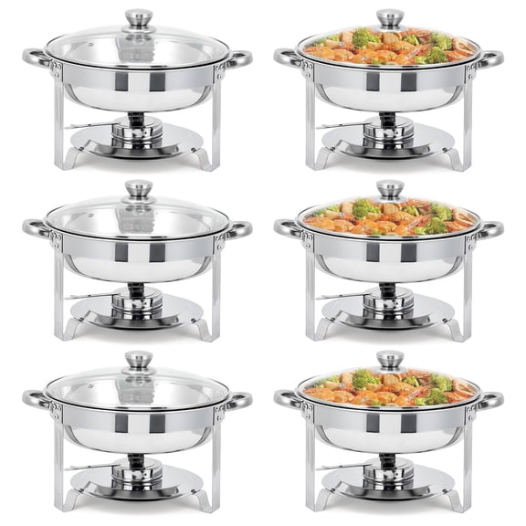 Commercial 5QT Round Chafing Dish Set of 6, Stainless Steel Chafing Dish Buffet Set with Glass Lids and Food & Water Pan, Chafers and Buffet Warmer Sets for Weddings Parties