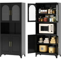 Kitchen Pantry Cabinet, 75" Tall Metal Storage Cabinets with Microwave Stand, Black Hutch Cabinet with Glass Doors and Adjustable Shelves, Freestanding Food Pantry Cupboard for Kitchen, Dining Room