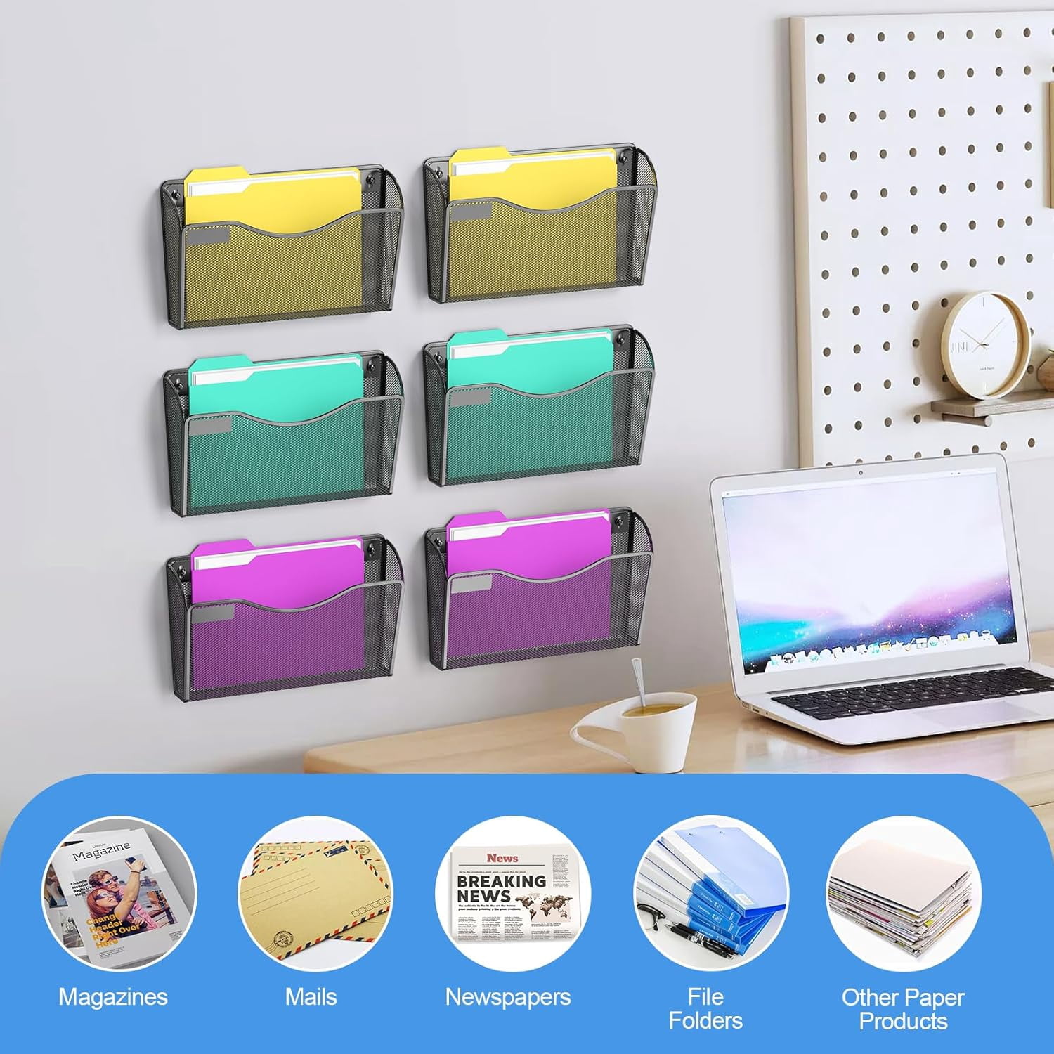 6 Pack Magnetic File Holder, Mesh Wall File Organizer File Pocket Mail Organizer Paper Folder Holder for Office/Home, No Drilling(Magnetic)