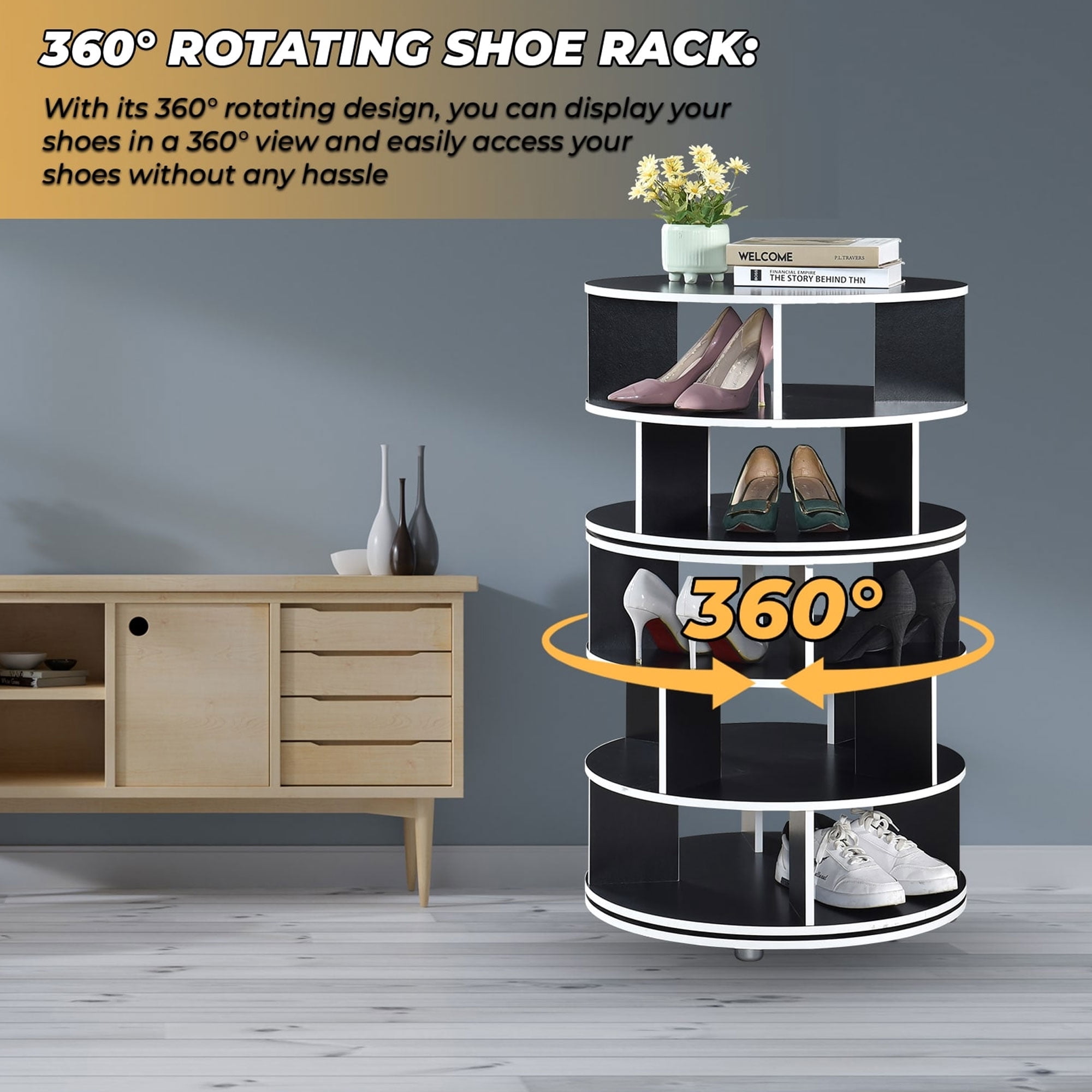 Kings Brand Furniture Revolving Shoe Rack, Spinning Shoe Rack Tower, 360° Revolving Shoe Storage Organizer for Closet Entryway Bedroom Hallway (Black, 5-Tier)