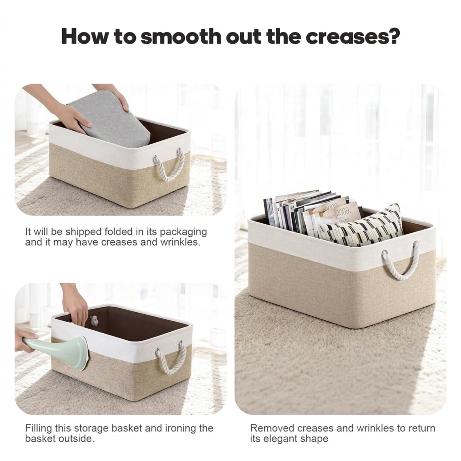 Fenbeli Fabric Storage Baskets Set of 4 Foldable Storage Bins with Cotton Rope Handles for Shelf and Closet, Gray White