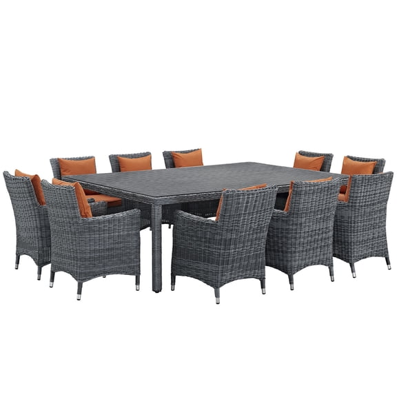 Modern Contemporary Urban Design Outdoor Patio Balcony Eleven PCS Dining Chairs and Table Set, Orange, Rattan