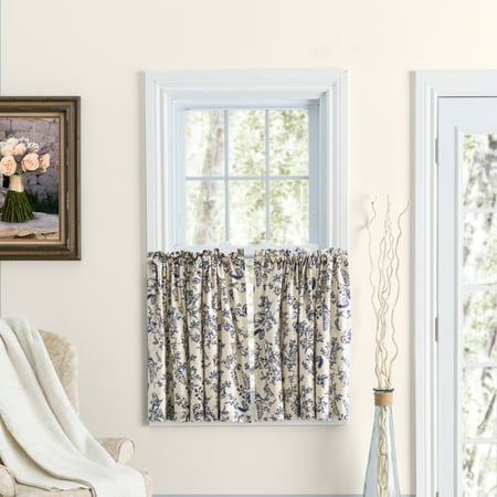 Ricardo Rod Pocket with header Kitchen Curtains - Tier  Swag or Insert Valance (Sold Separately) Indigo 84 W x 24 L Tier Pair(42 W per Tier)