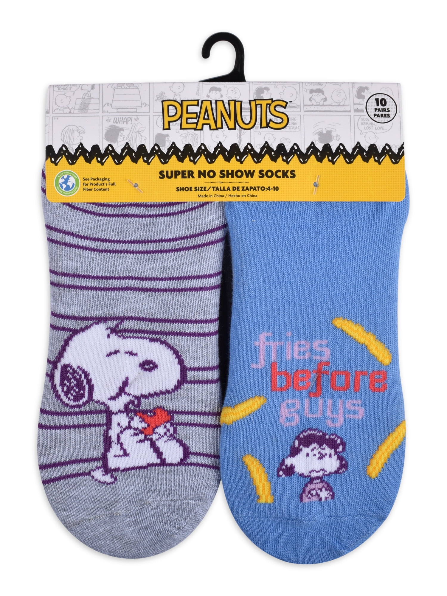 Peanuts Womens Graphic Super No Show Socks, 10-Pack, Sizes 4-10