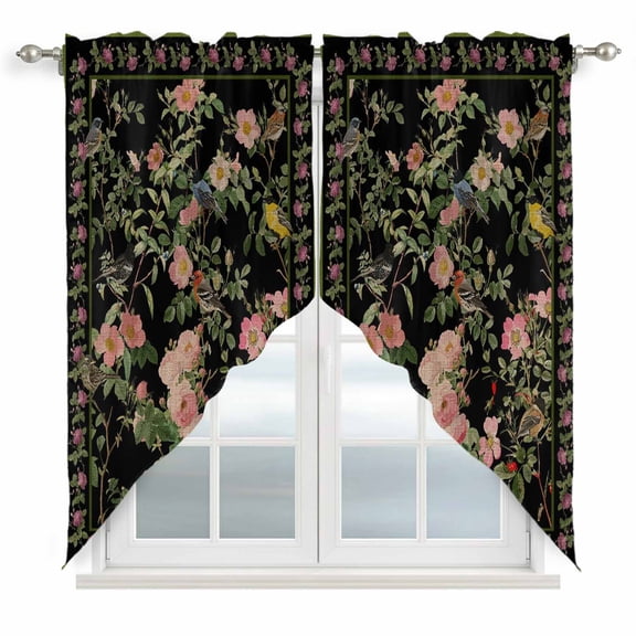 Black Spring Floral Swag Curtains for Kitchen/Bedroom/Living Room, Elegant Pastoral Flowers Birds Retro Art Scalloped Curtains 63 Inch Long, Window Swag Topper Curtains Valances 2 Panels Set 36"x63"