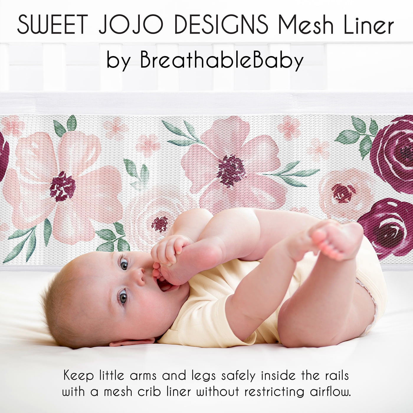 Sweet Jojo Designs + BreathableBaby Watercolor Floral Burgundy Wine and Pink Girl Breathable Mesh Crib Liner