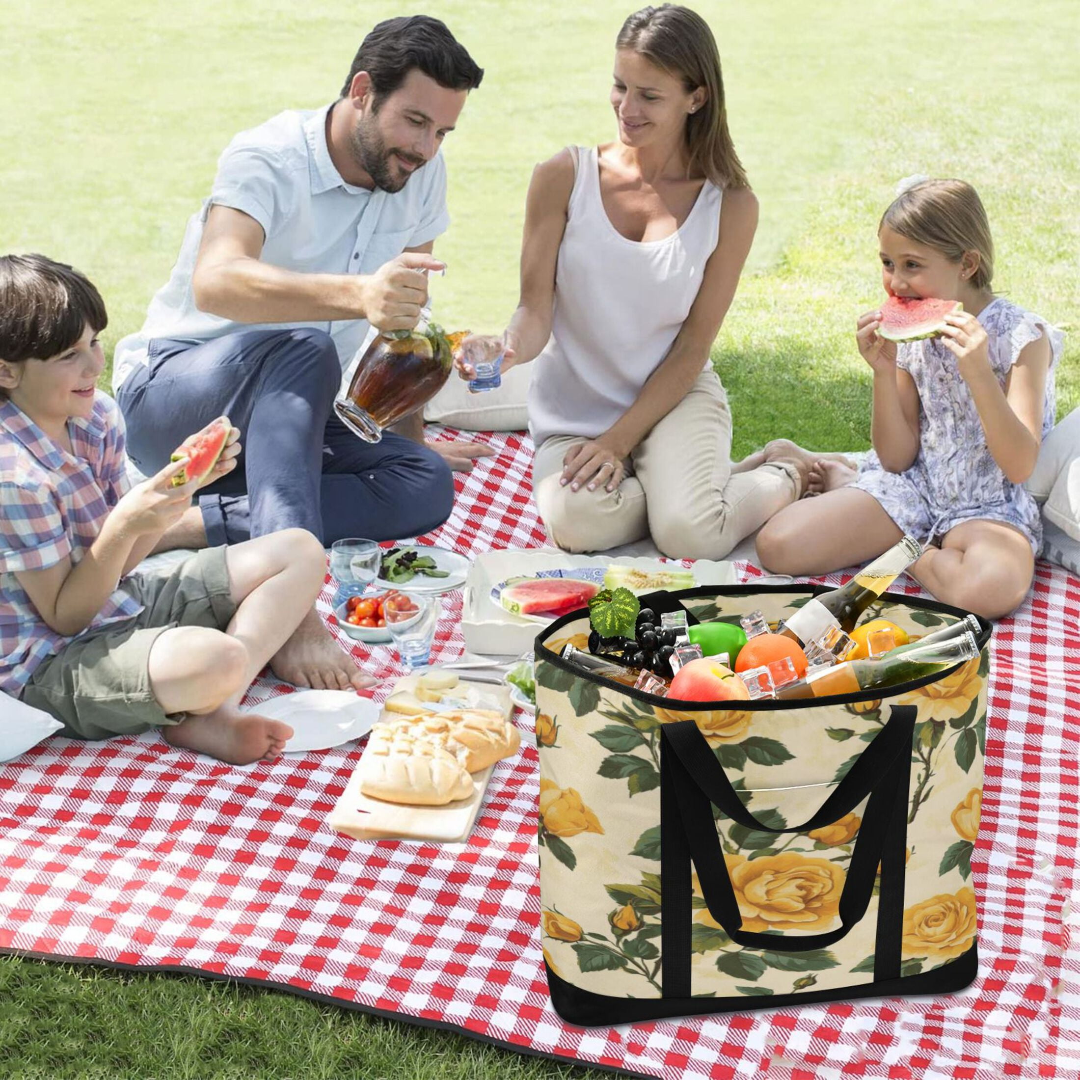 Large Hand-held Ice Pack Picnic Bag Insulation and Refrigeration Suitable for Shopping Picnics and Camping Beautiful Yellow Roses