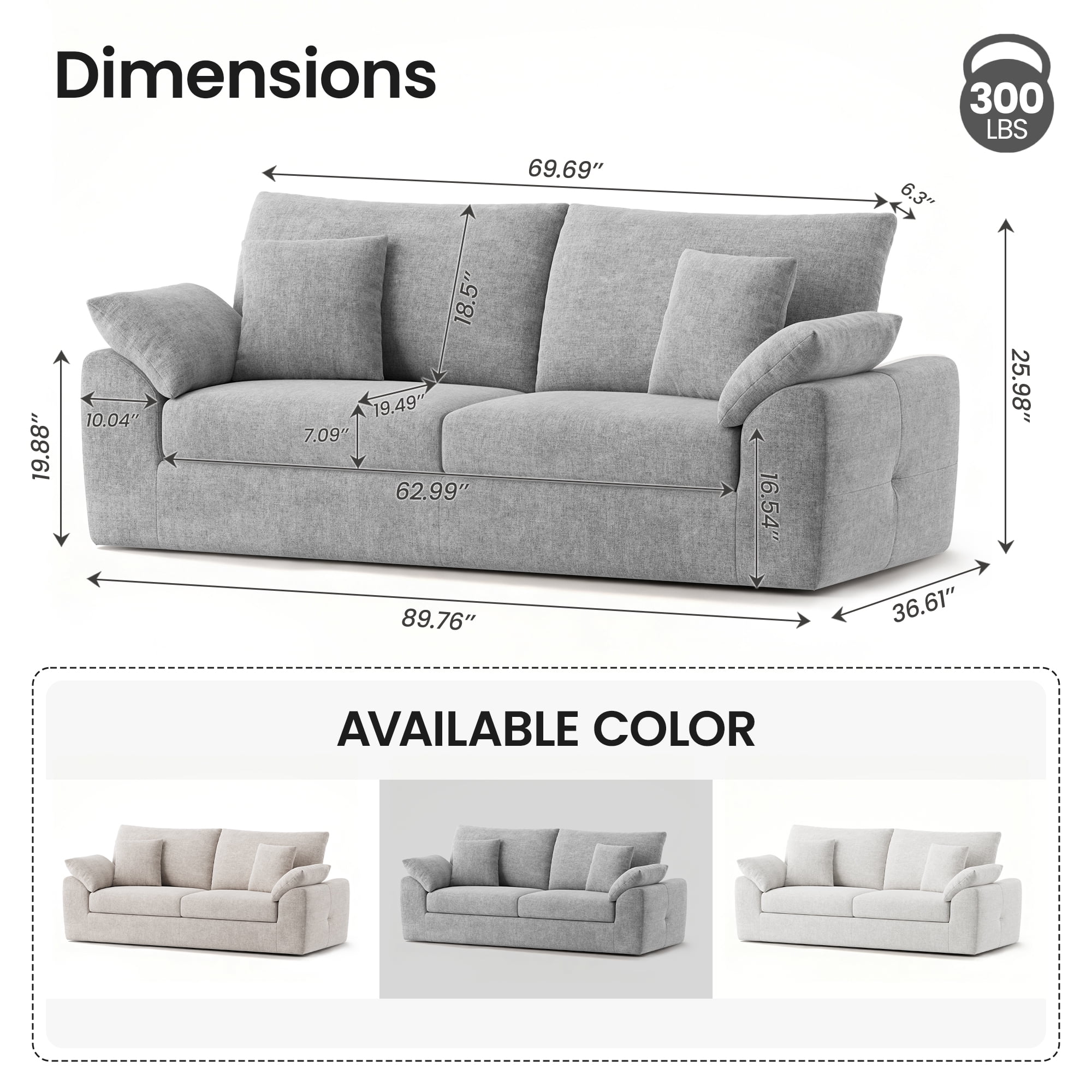 EOP 89.8" Wide Cloud Compression Sofa, Full Sponge Loveseat with Deep Seat, Upholstered Couch with 4 Pillows, No Assembly Required for Small Living Spaces, Light Gray