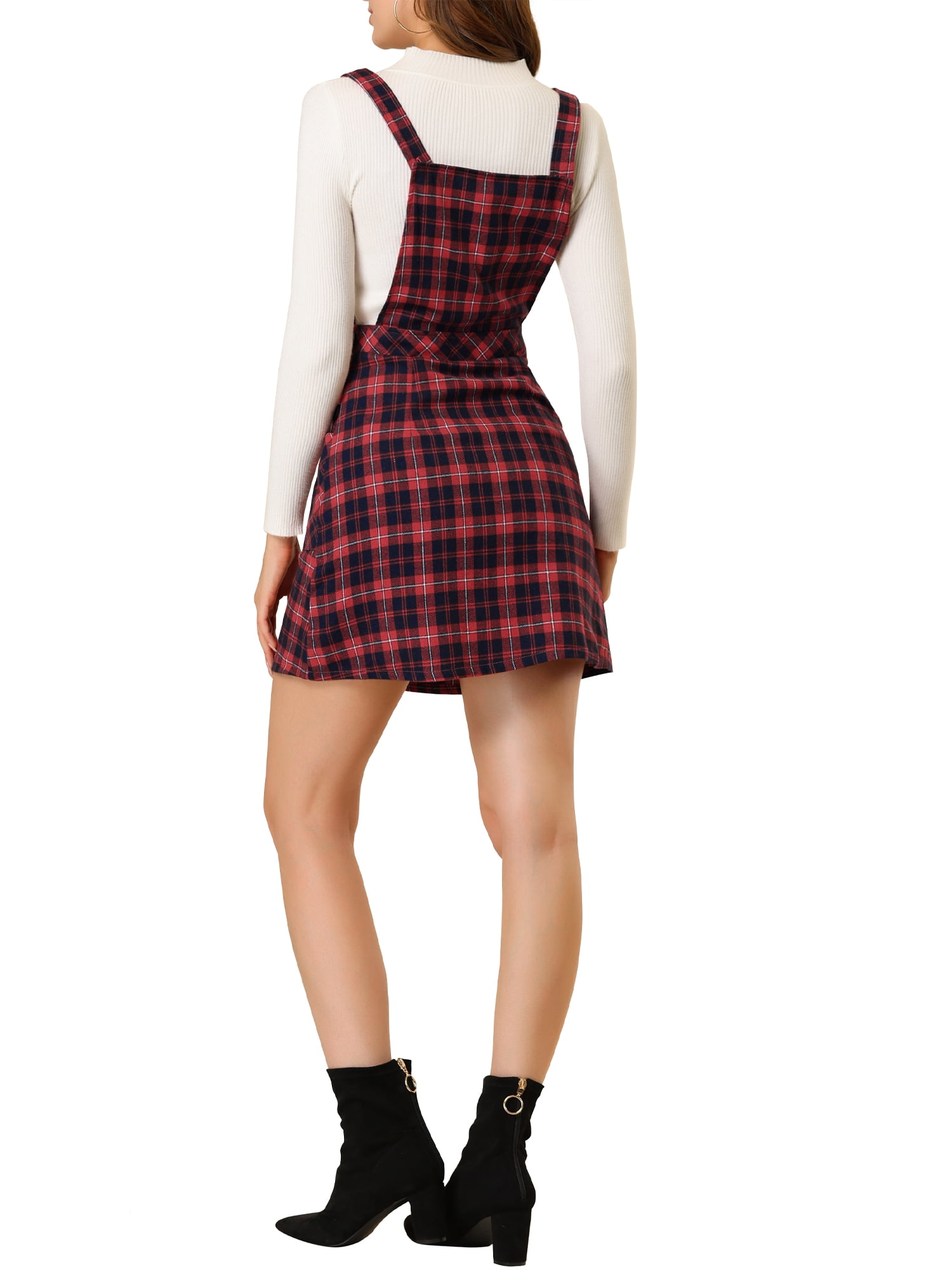 DARING DIVA Tartan Print Button Decor A-Line Pinafore Overall Dress L Red