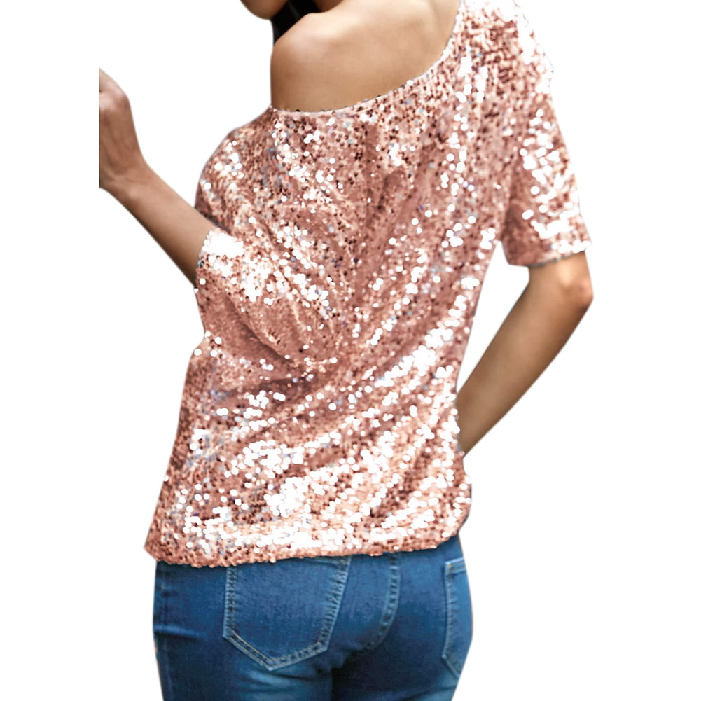 Women Loose Off Shoulder Sequin Glitter Blouses Summer Casual Shirts ...