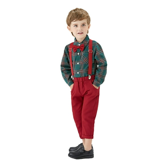 Mercatoo Toddler Baby Boys Gentleman Suit Two-piece Suit Bow Tie Plaid Long Sleeve T-Shirt And Suspender Pants Baby Boy Clothes
