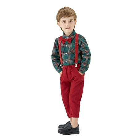 

Toddler Baby Boys Gentleman Bow Tie Plaid T-Shirt Tops+Suspender Pants Outfits