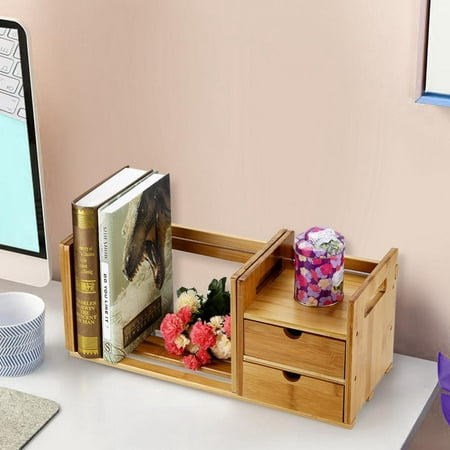 Desktop Bookshelf,Ymiko Bamboo Wood Extendable Desk Tabletop Book Rack Bookshelves Bookcase Organizer with 2 Drawer,Tabletop