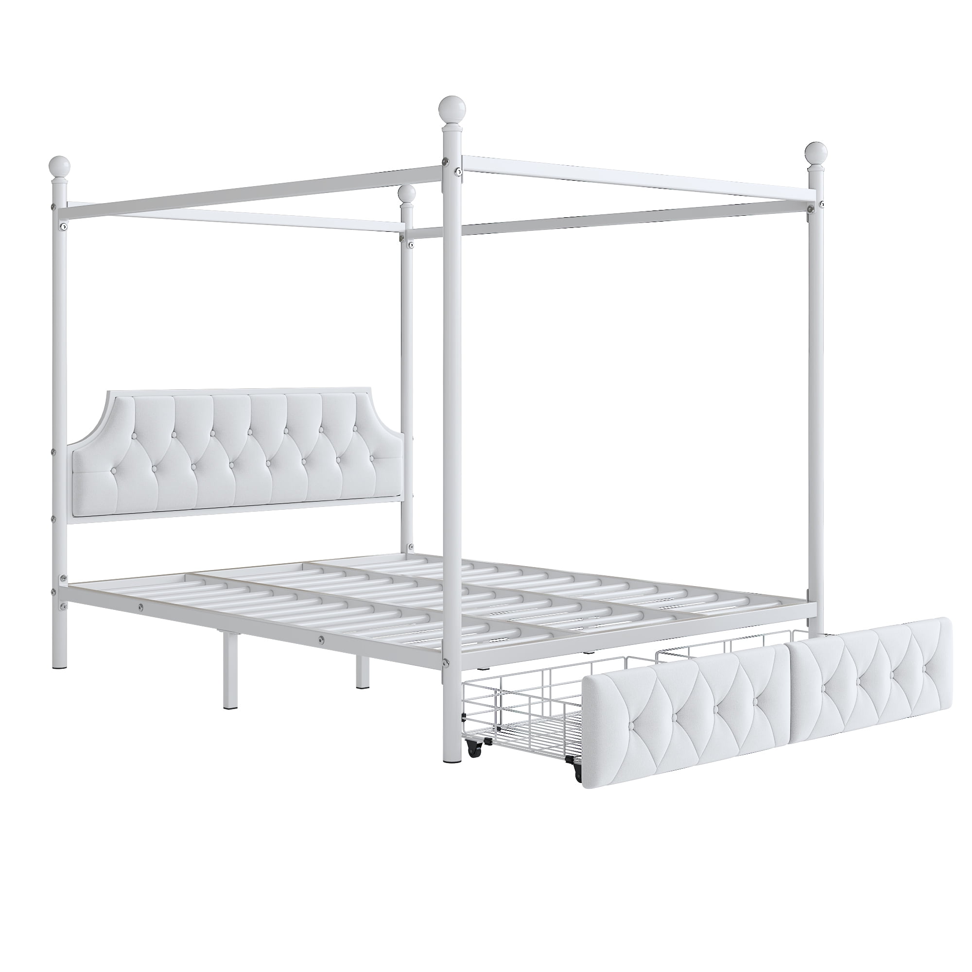 Euroco Wood Queen Size Canopy Platform Bed with Four Support Legs and 2 Drawers for Kids Teens Adults, White
