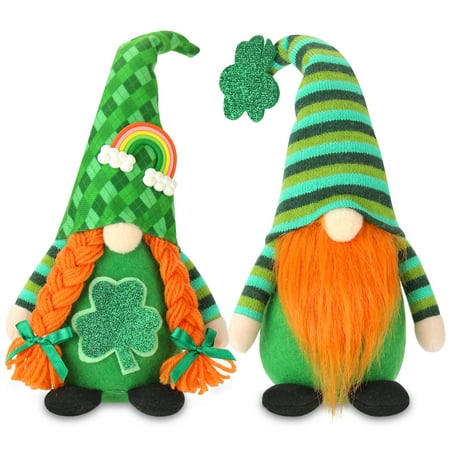 2 Pack St.Patrick's Day Gnome Plush Doll Green Irish Leprechaun Handmade Elf Decorations Scandinavian Swedish Tomte Nisse Shamrock Gnome with Rainbow for Dwarf Gift Household Ornament Home Decorations