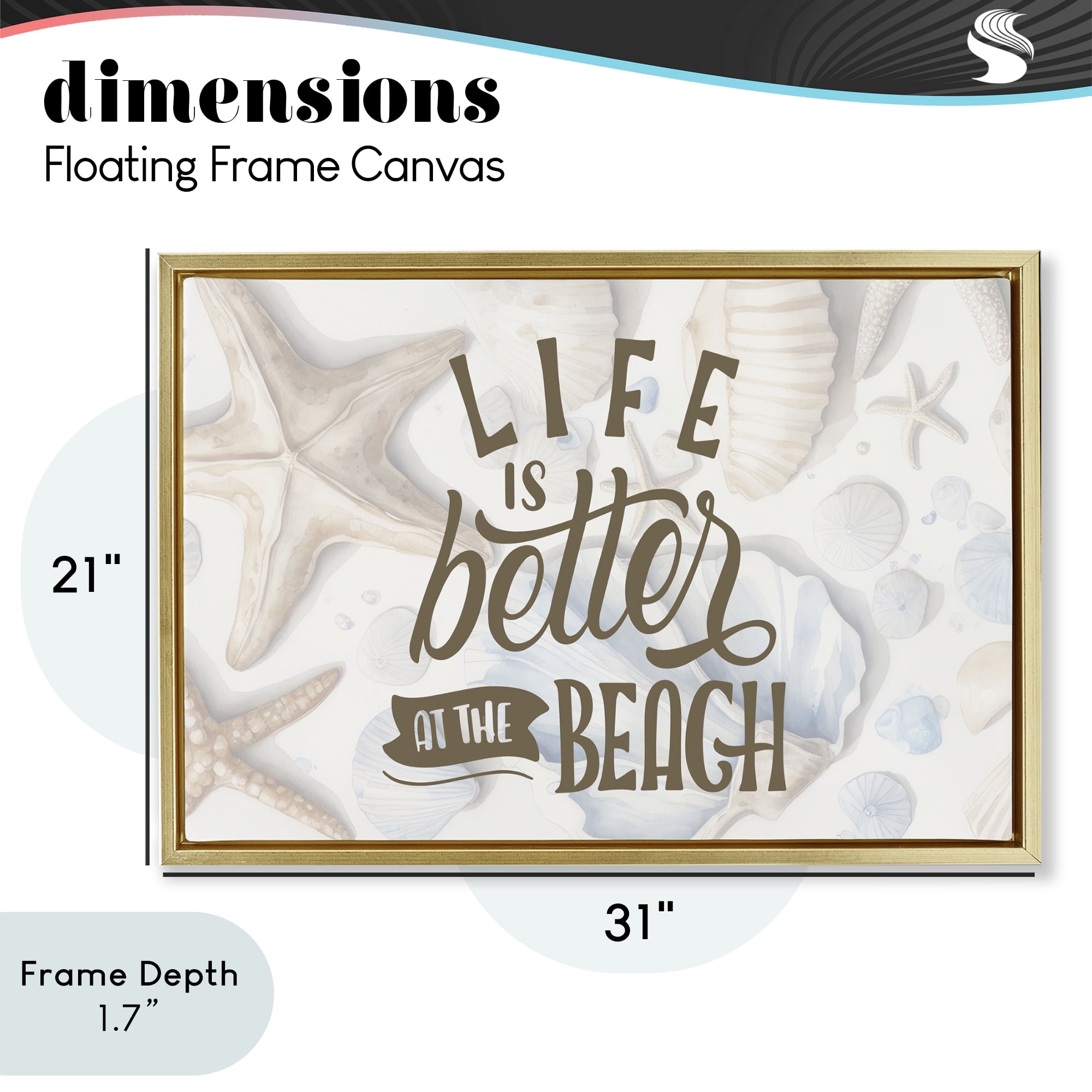 Stupell Industries Better At Beach Seashells Gold Framed Floater Canvas Wall Art, design by Kim Allen