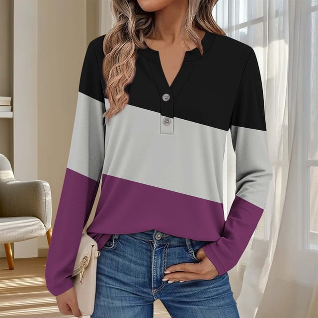 Ailaofu Womens Long Sleeve Tops Fall Button V Neck Graphic Shirts Dressy Casual Henley Tops Women Blouses