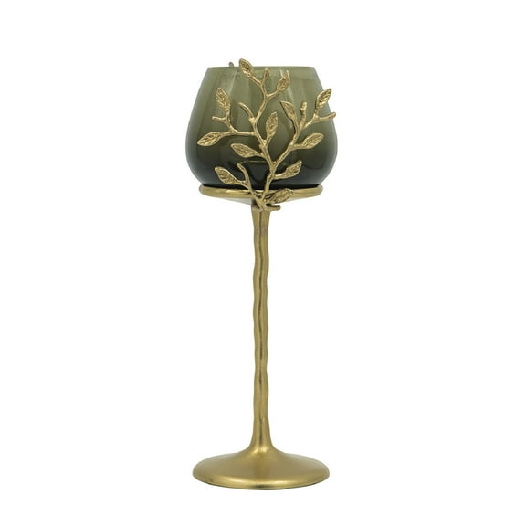 A&B Home Capri Leaf Glass Candle Holder - 6.5"W x 5.5"L x 15.5"H - Green/Gold
