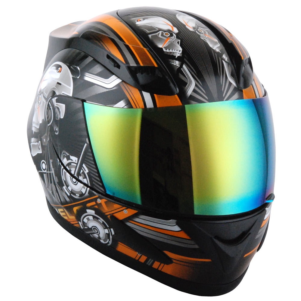 1STORM MOTORCYCLE BIKE FULL FACE HELMET HJDJ11 MECHANIC SKULL ORANGE