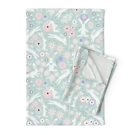 

Printed Tea Towel Linen Cotton Canvas - Bunny Pink White Girls Nursery Spring Easter Blue Print Decorative Kitchen Towel by Spoonflower